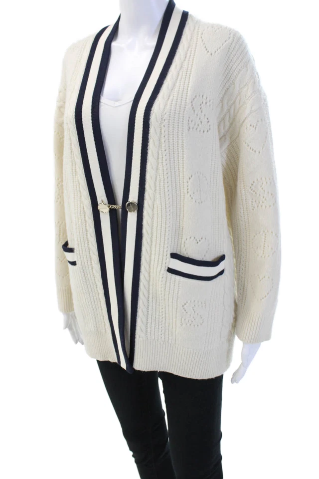 Sandro Mujer Cárdigan Suéter Cuello en V 100% Lana Beige Gancho y Ojo Talla 1 Foto 3 de 4