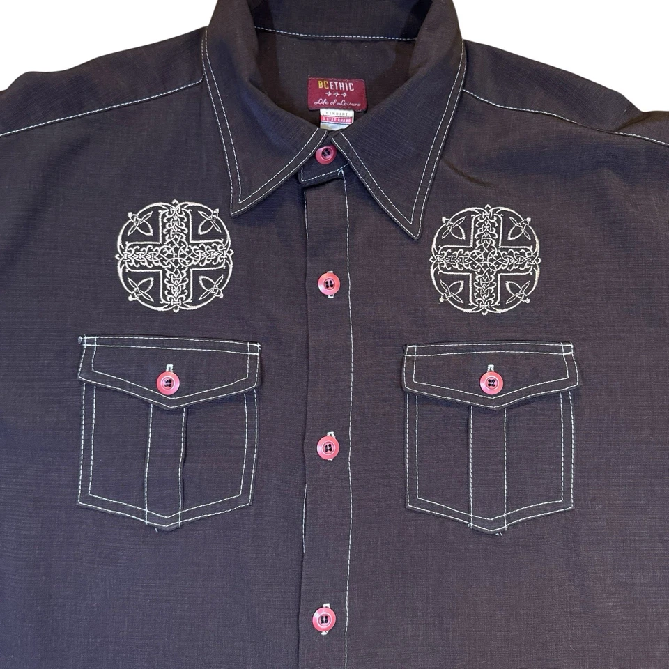 Vintage BC Ethic Men’s XL Brown Camp Shirt Celtic Cross USA Made Embroidered - Image 4 of 4