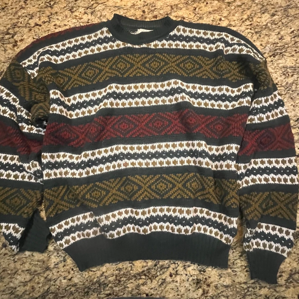 Vintage Sears Sweater Mens XXL Green Geometric Grandpa Knit Pullover 90s - Image 2 of 4