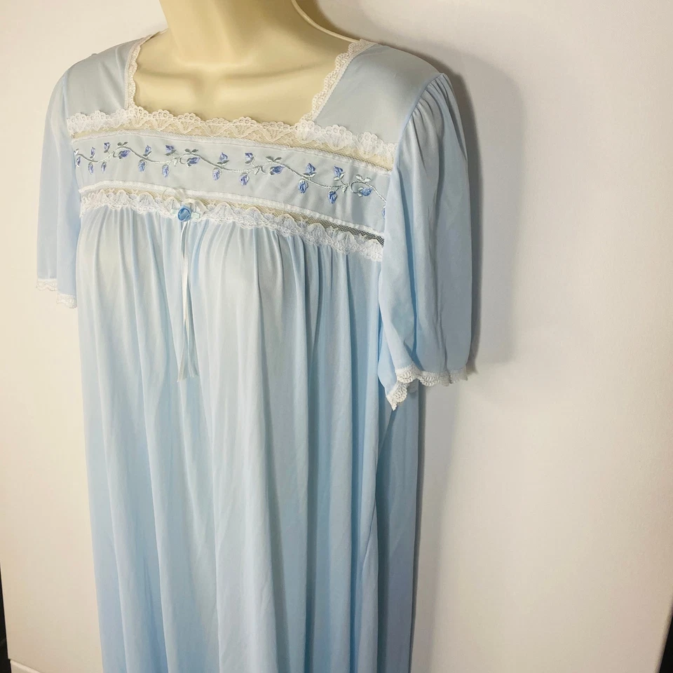 Vtg Classic Elements Nightgown Blue Floral Pajamas Cottagecore Granny Lace Sz M - Image 2 of 4