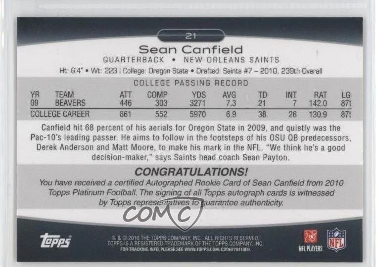 2010 Topps Platinum Red Refractor Rookie Auto /10 Sean Canfield #21 Auto RC - Image 2 of 2