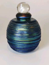 Robert Eickholt Glass Perfume Bottle, Blue Swirl Iridescent  1985 Signed 