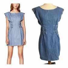 Zara Raw Edge Chambray Mini Dress Light Blue Lace Up Waist NWT Small
