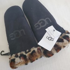 NEW WOMENS LARGE/XL BLACK LEOPARD UGG SHEEPSKIN LOGO SUEDE MITTENS 18690 180