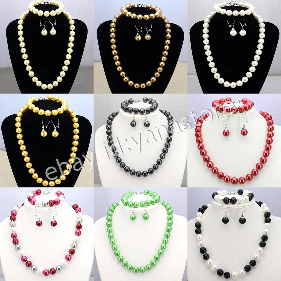 8/10/12mm Südsee Muschel Perle Rund Perlen Halskette Armband Ohrringe Set 18Zoll - Bild 2 von 4