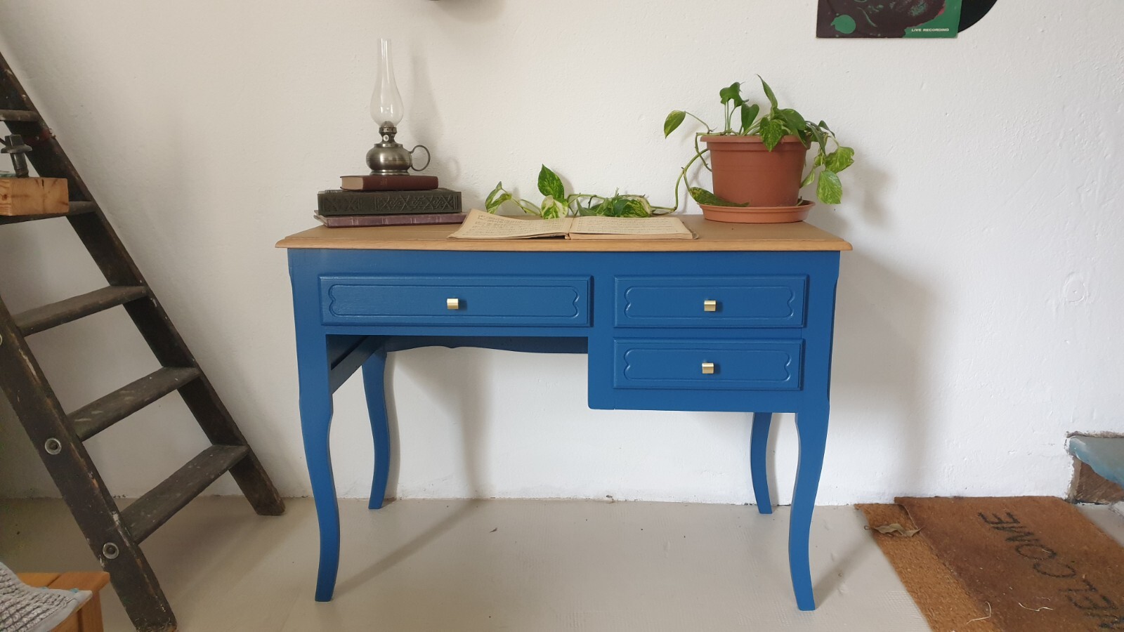Table bureau secrétaire meuble appoint bois bleu or pour ordinateur