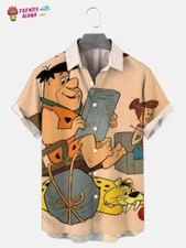 Mens Classic Flintstones Barney And Fred Bowling Print Aloha Shir