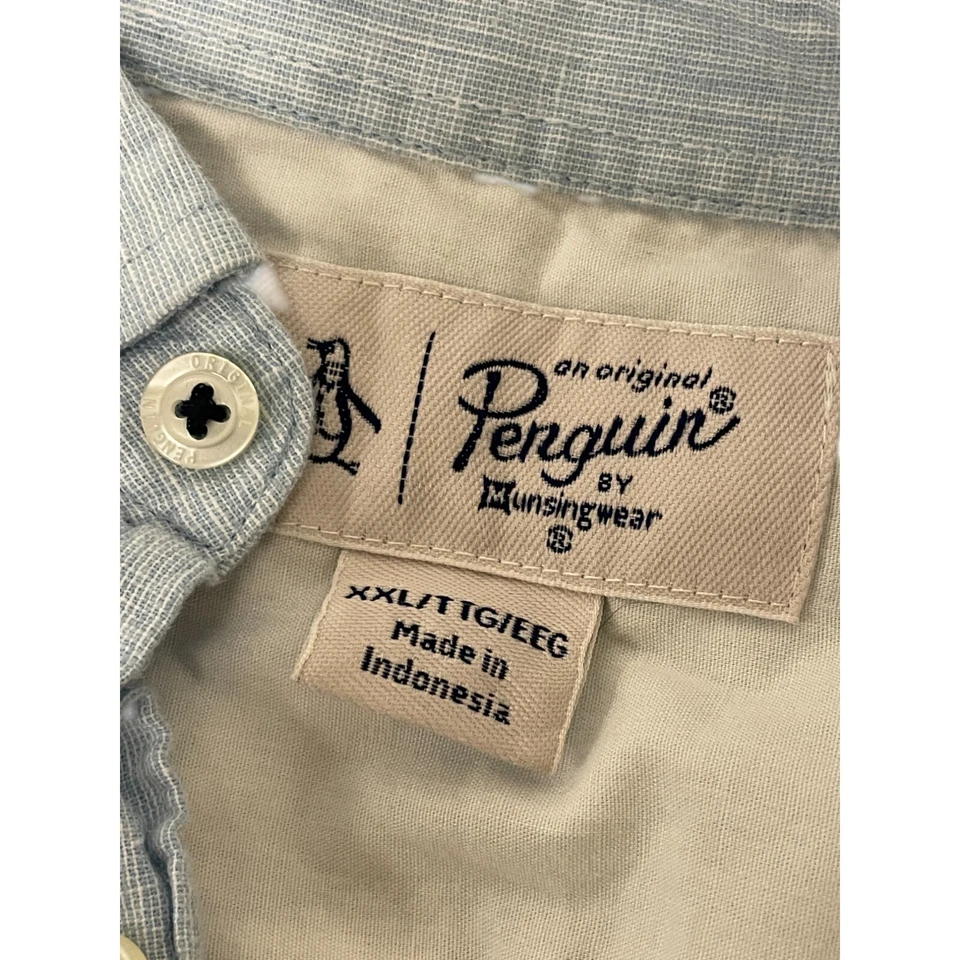 Penguin Button Down Shirt Mens 2XL Light Blue Casual Long Sleeve Linen Blend - Image 3 of 4