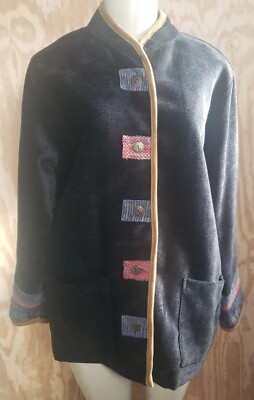 Carol Anderson Collection Velour Jacket Coat Multicolor Patches Black  Large 