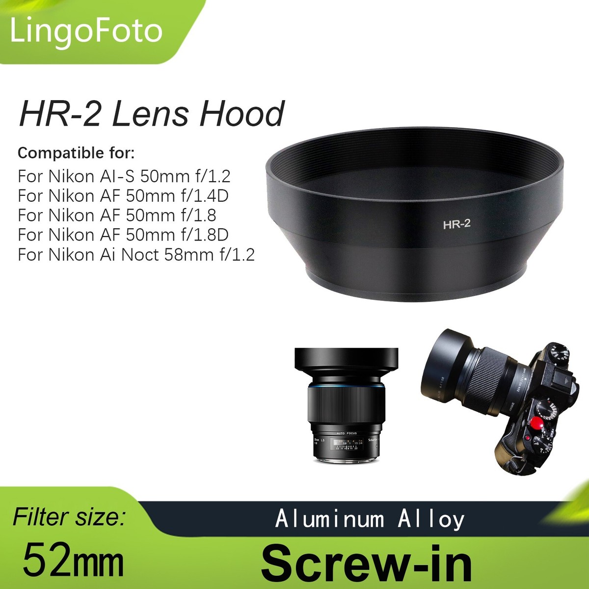HR-2 Metal Screw-in Lens Hood for Nikon AF Nikkor 50mm F