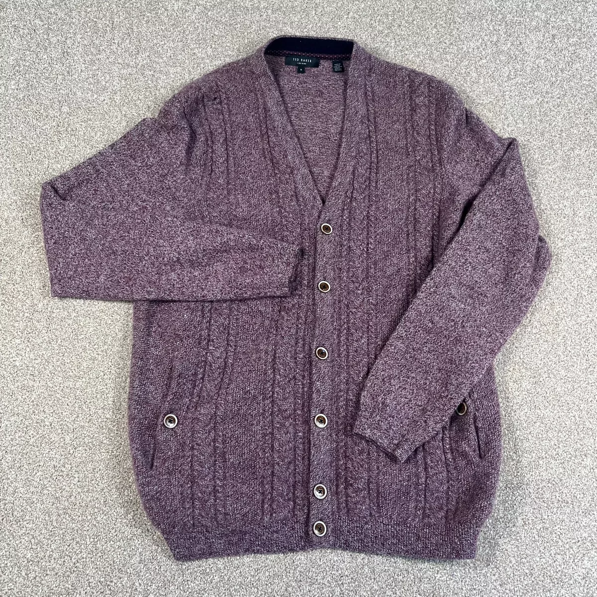 Ted Baker Cardigan Mens Size 5 Purple Cable Knit V Neck Button Up Casual Sweater