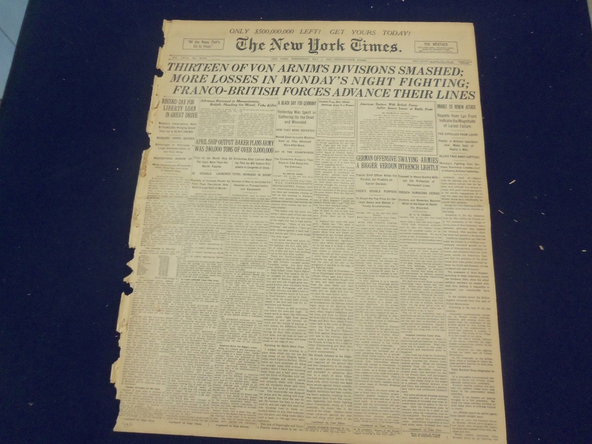 1918 MAY 1 NEW YORK TIMES - ARNIM'S DIVISIONS SMASHED - NT 8168 | eBay