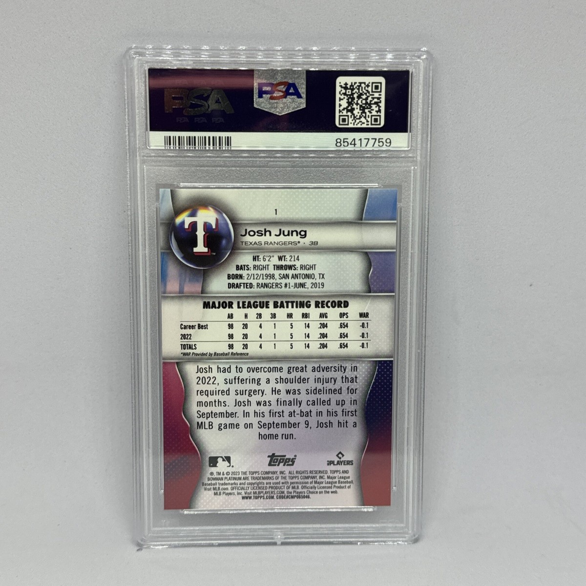 2023 Bowman Platinum #1 Josh Jung Rangers RC Rookie PSA 9