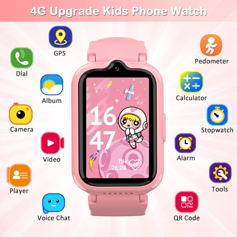 Reloj inteligente con pantalla táctil 4G para niñas - Rastreador GPS, llamadas telefónicas y de video, podómetro Foto 4 de 4