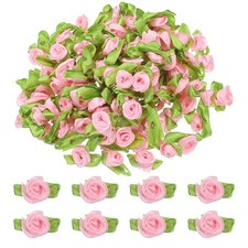 100Pcs Mini Ribbon Roses Flowers Bows for Crafts 15mm/0.6" Dia Pink