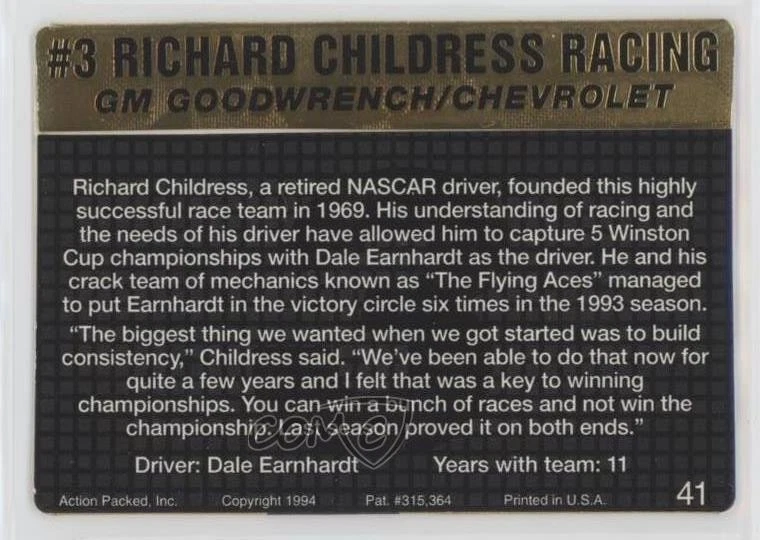 1994 Action Packed Dale Earnhardt #3 Richard Childress Racing #41 HOF - Image 2 of 2