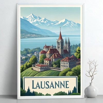 Charmantes Lausanne Schweiz Reise Poster - Vintage Genfersee Kunstdruck_mehr