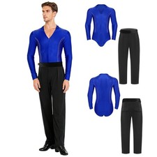 Mens Dancewear Dance 2 Piece Ballet Outfits Bodysuit V Neck Waltz Long Sleeve