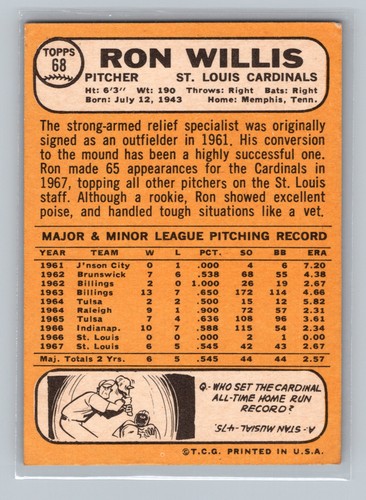 1968 Topps Don Willis #68 - St. Louis Cardinals - EX+ - Picture 2 of 2