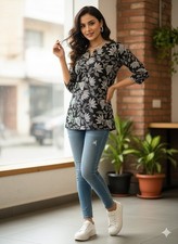 Women s Black Cotton Kurti Floral Print Straight Kurta 3/4 Sleeve Ethnic