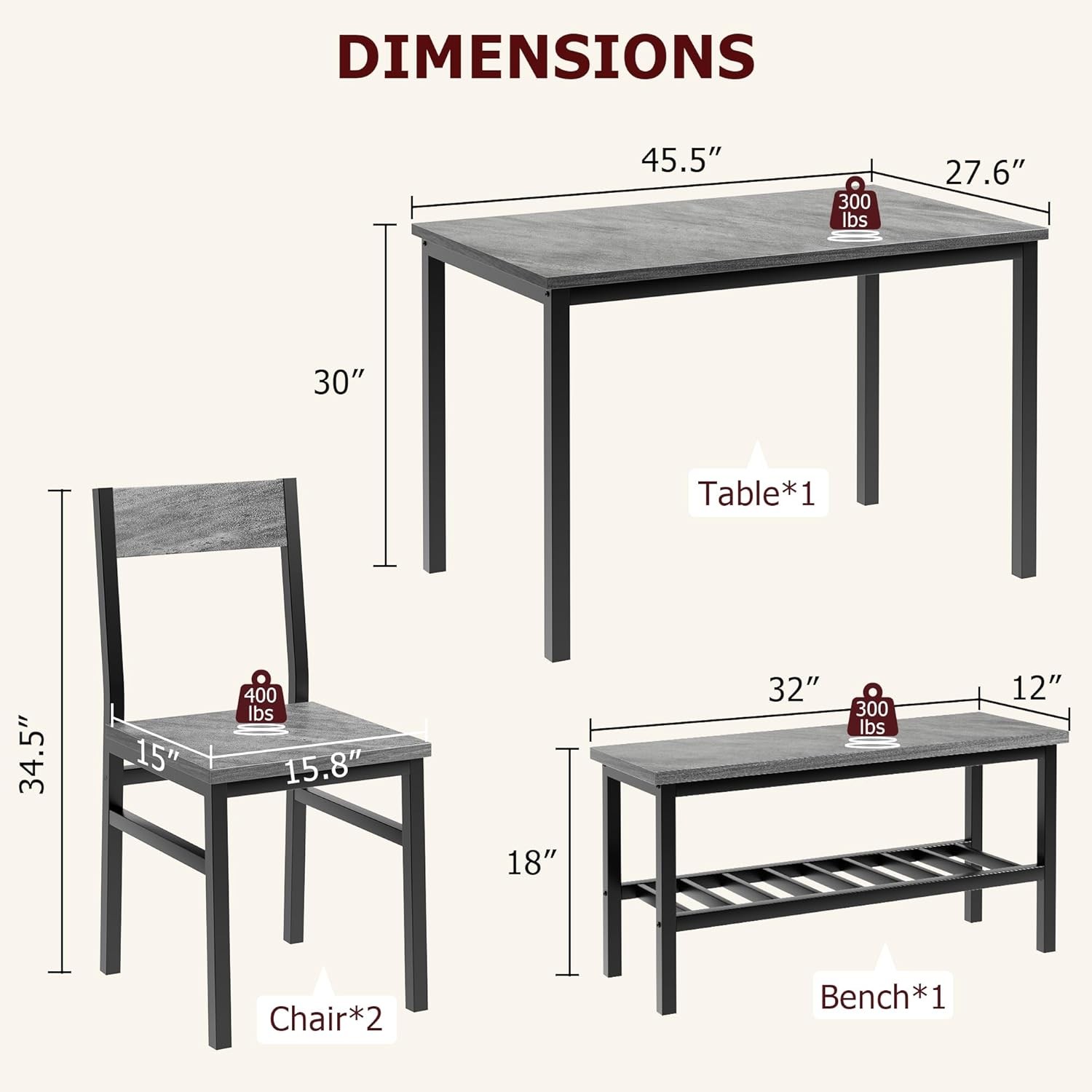 4-Piece Rectangular Dining Table Set with Chairs and Bench Space-Saving Design