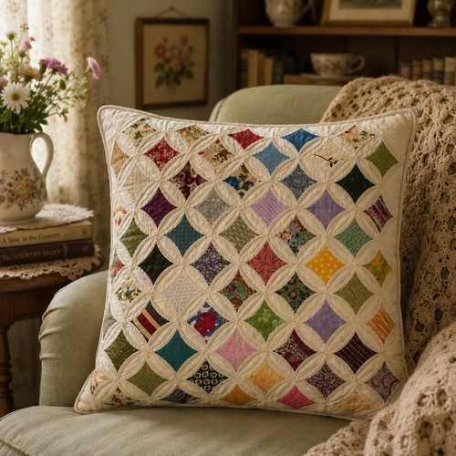 Handmade Cathedral Window 16” Square Throw Pillow Cover Zip Quilted Cottage