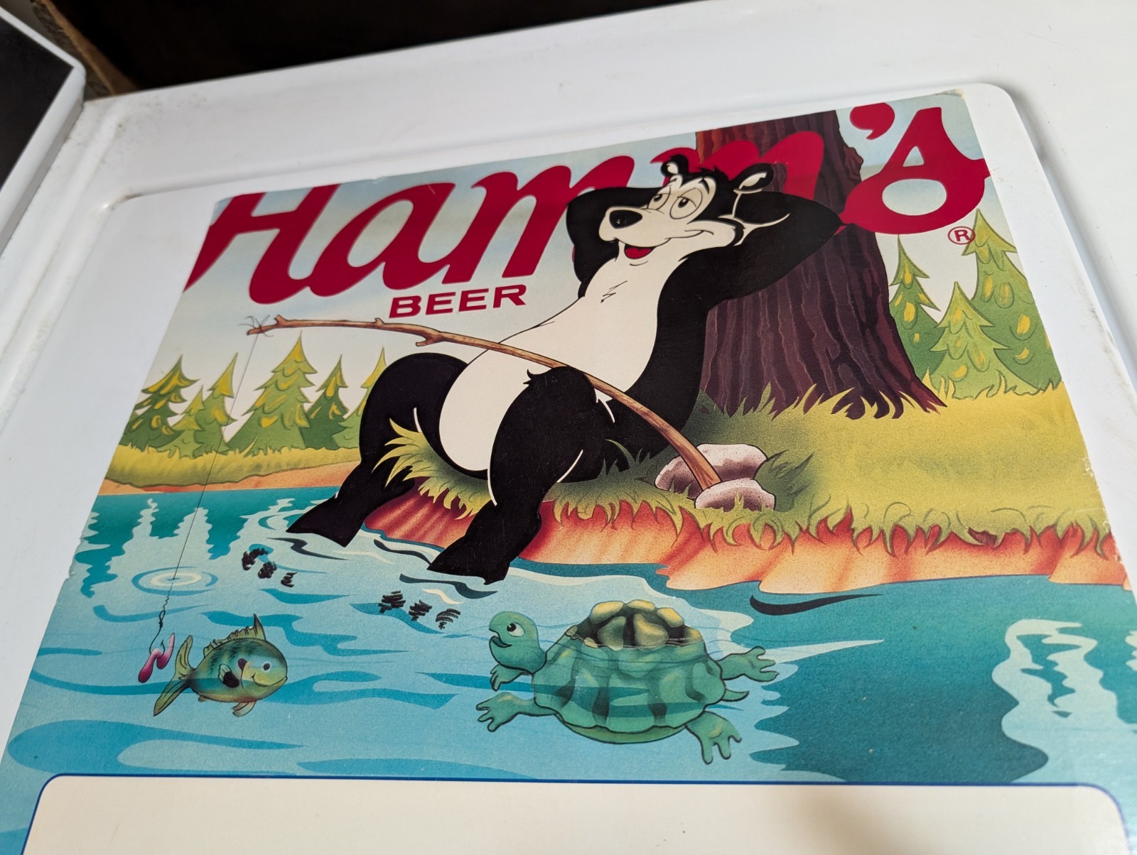 Vintage Hamm's Beer Cardboard Counter Sign Display W Bear Fishing 
