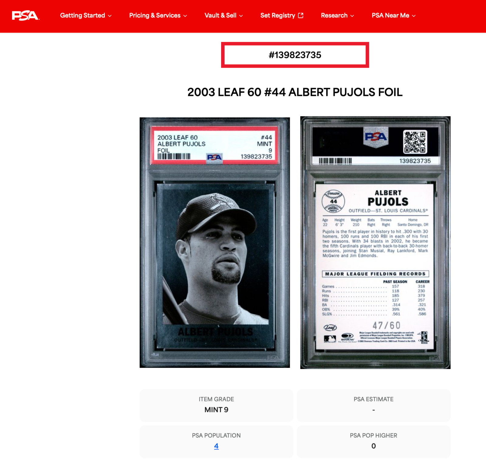 2003 Leaf 60 Albert Pujols FOIL /60 PSA 9 MINT! 🔥 Pop 4... HIGHEST GRADED! view 3