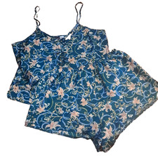 Fredericks of Hollywood Satin Pajamas Top Shorts Teal Green Pink Floral Bows M
