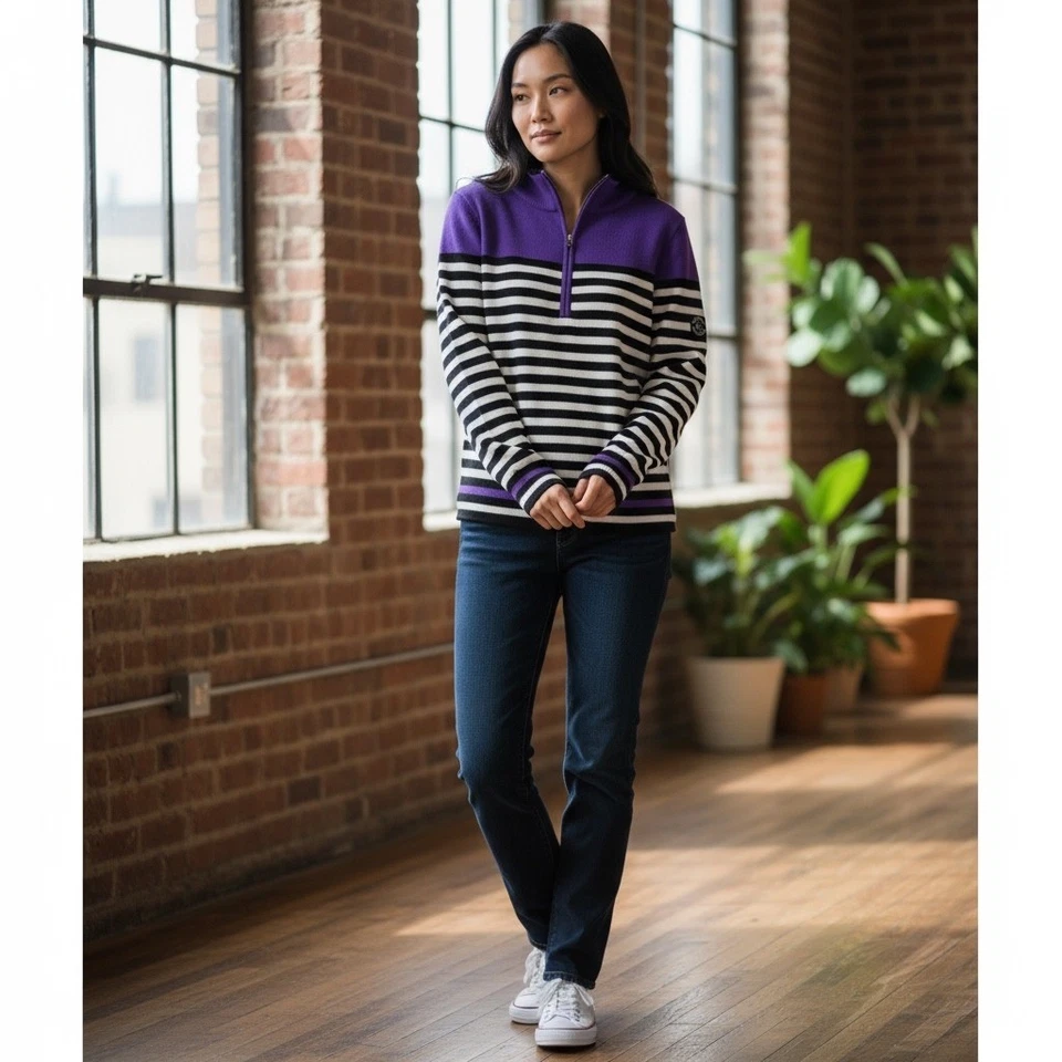 Suéter Lauren Ralph Lauren Mujer Talla M Púrpura Rayas 1/4 Cremallera Pullover Preppy Foto 2 de 4