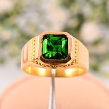 925 Sterling Silver Emerald Gemstone Gold Plated Men's Ring with Men's Jewelry.