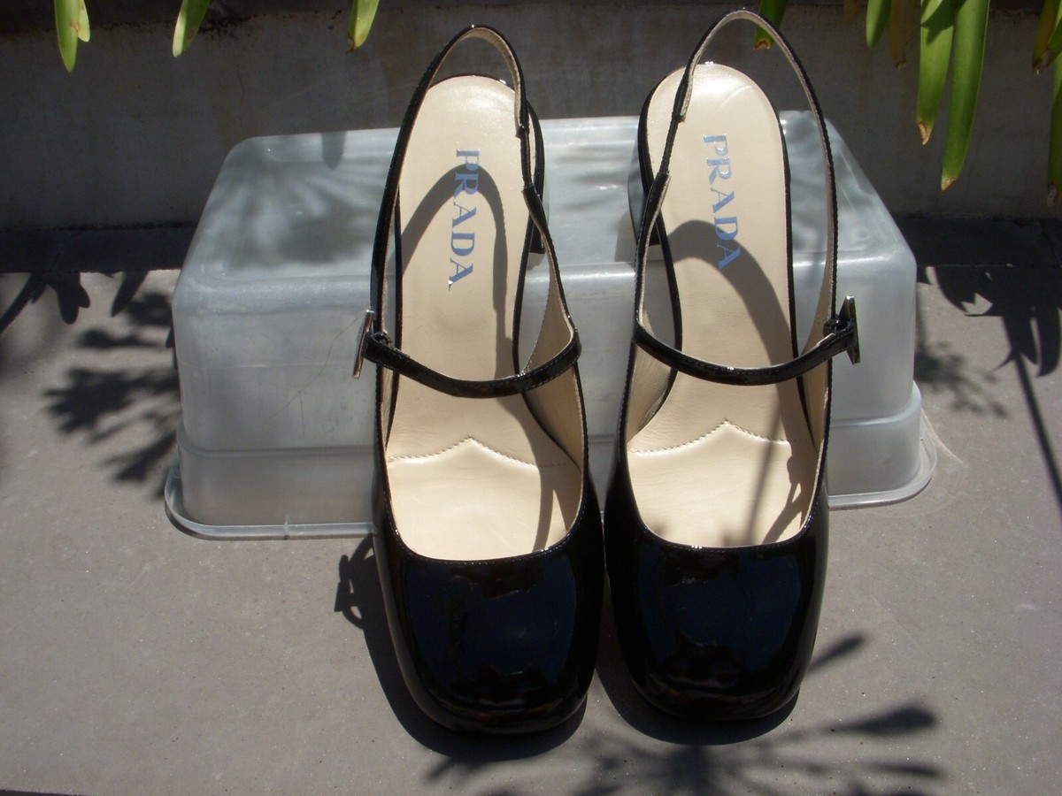 Prada MARY JANE Slingback Patent Leather Black Ital 37 1/2