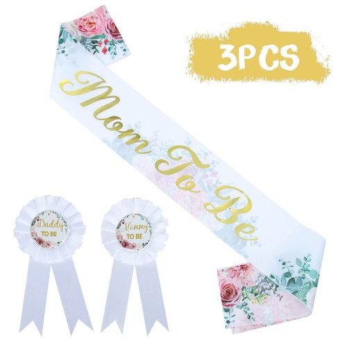Baby Shower Decorations Floral Sash Tinplate Badge Mommy To Be Daddy To Be - Picture 3 of 7