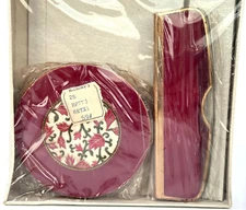 Powder Compact and Comb Sleeve Set 1960s Red Enamel w Leaf Flower Boxed NOS Vtg