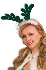 DELUXE GREEN ANTLERS ON HEADBAND w/BELLS HOLIDAY COSTUME ACCESSORY FUN XMAS 