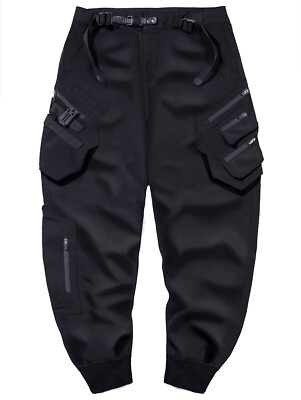 Niepce Black Strapped Pants Techwear Streetwear Cargo Joggers for Men