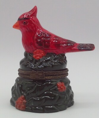Vintage Ceramic Hinged Trinket Box Cardinal Bird Holly & Berries