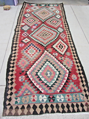 Large Turkish Flatweave Geometric Kilim Rug 4'5'' x 12' Wool Cotton Semi-Antique