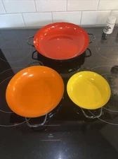 Vintage HUTA SILESIA 3 Pc  Red, Yellow, Orange/Black Enameled 10", 8”, 6” Pans
