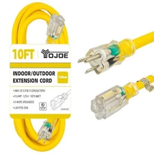 10 Foot 10/3 Lighted Outdoor Extension Cord 10 Gauge 3 Prong Sjtw Heavy Duty Yel