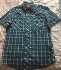 Wrangler Western Fashion Medium Pearl Snap Button Shirt Men's Teal Plaid S/S