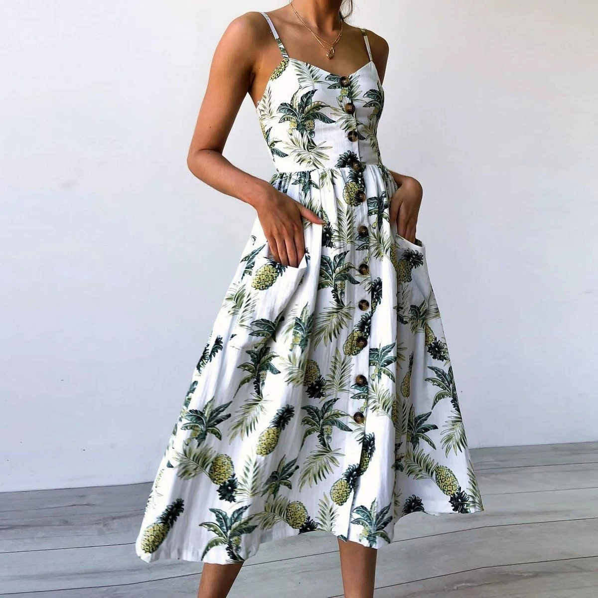 Boho Floral Print Summer Dress - Women V Neck Pleated Midi Dress with  Pockets