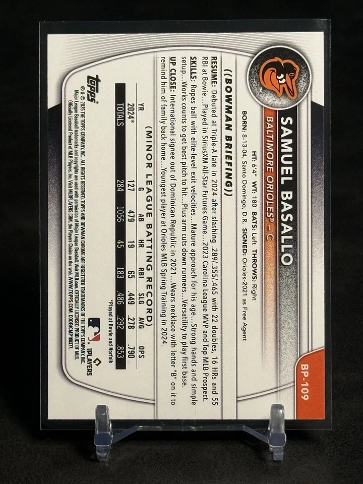 2025 Bowman Prospect #BP-109 Samuel Basallo Sky Blue Parallel /499 Orioles - Image 2 of 4