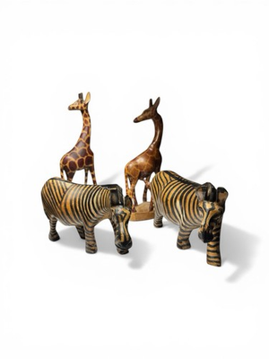#ad Hand Carved African Wood Zebra amp; Giraffe Figurines Safari Animal Lot 4 Decor $49.99