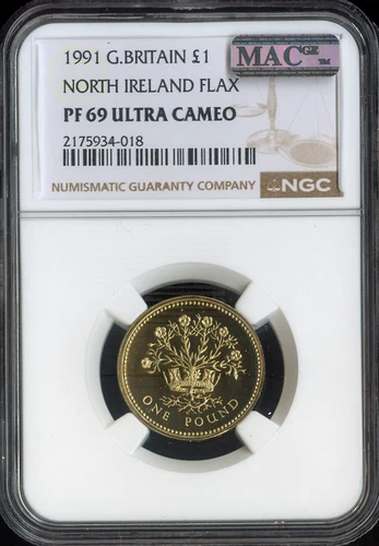 1991 GREAT BRITAIN 1 POUND NORTH IRELAND FLAX NGC PF69 ULTRA CAMEO MAC SPOTLESS.
