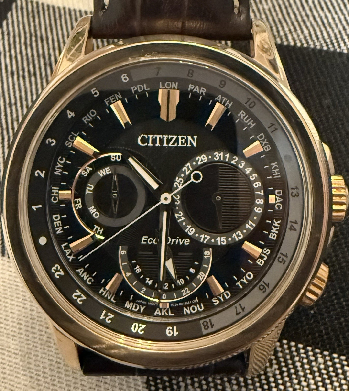 時計 ue Citizen Eco-Drive World Time 8729 Black Dial Rose Gold Leather