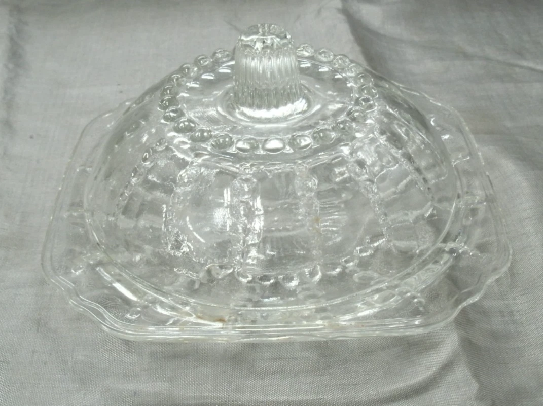Vtg Federal COLUMBIA Clear 2 pc Round Covered Domed Butter Dish Depression Era