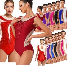 Womens Leotard Rhinestone Ballet Bodysuit Sleeveless Dancewear Skating Costume