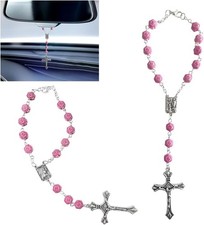 2PCS Pink Rosary Pendant Car Interior Rear View Mirror Charm Auto Decors, Medal