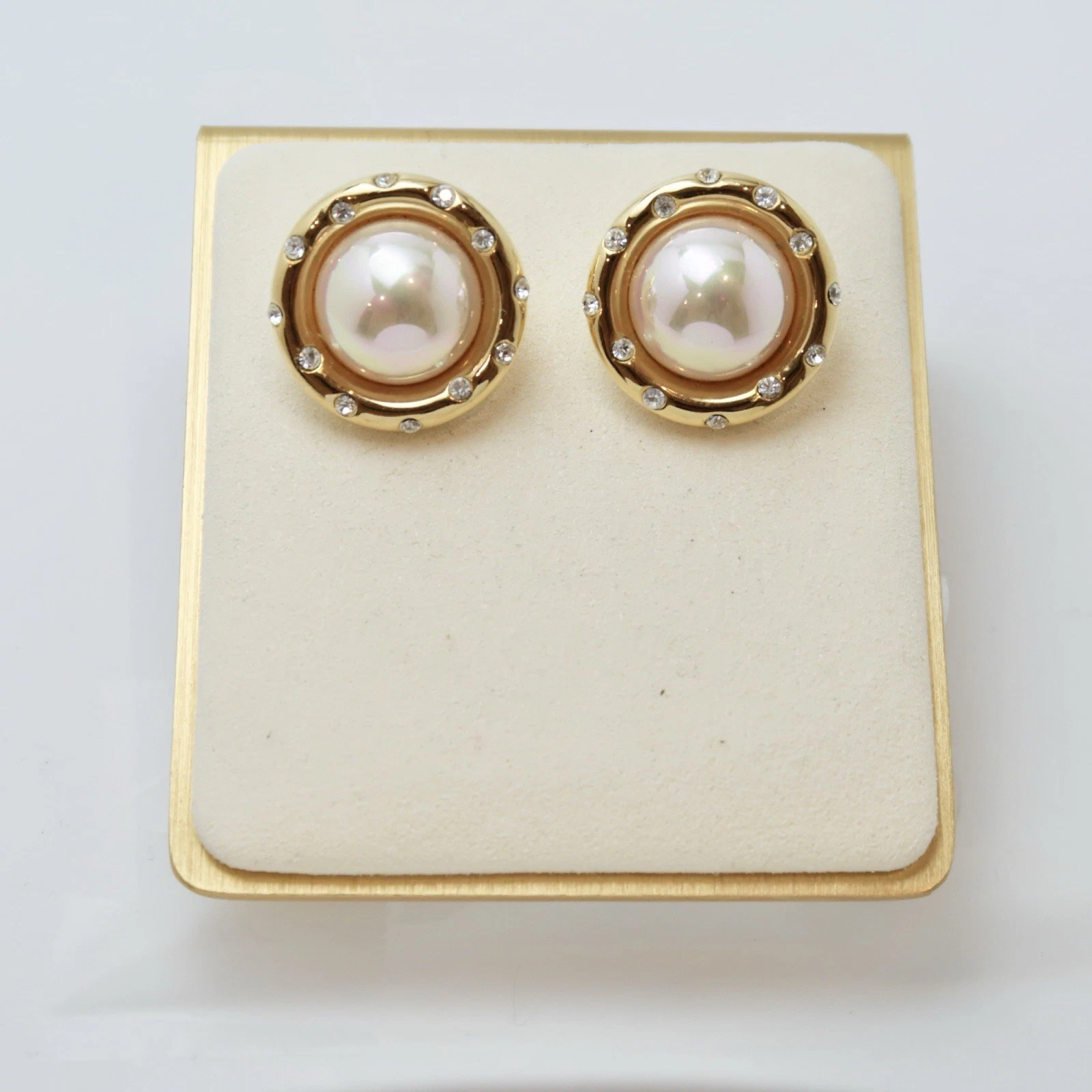 NOLAN MILLER Crystal & Faux Pearl Chunky Gold Tone Vintage Earring Jewelry E72